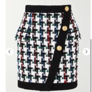 Balmain Black and White Tweed Mini Skirt with Gold Buttons Sz 38